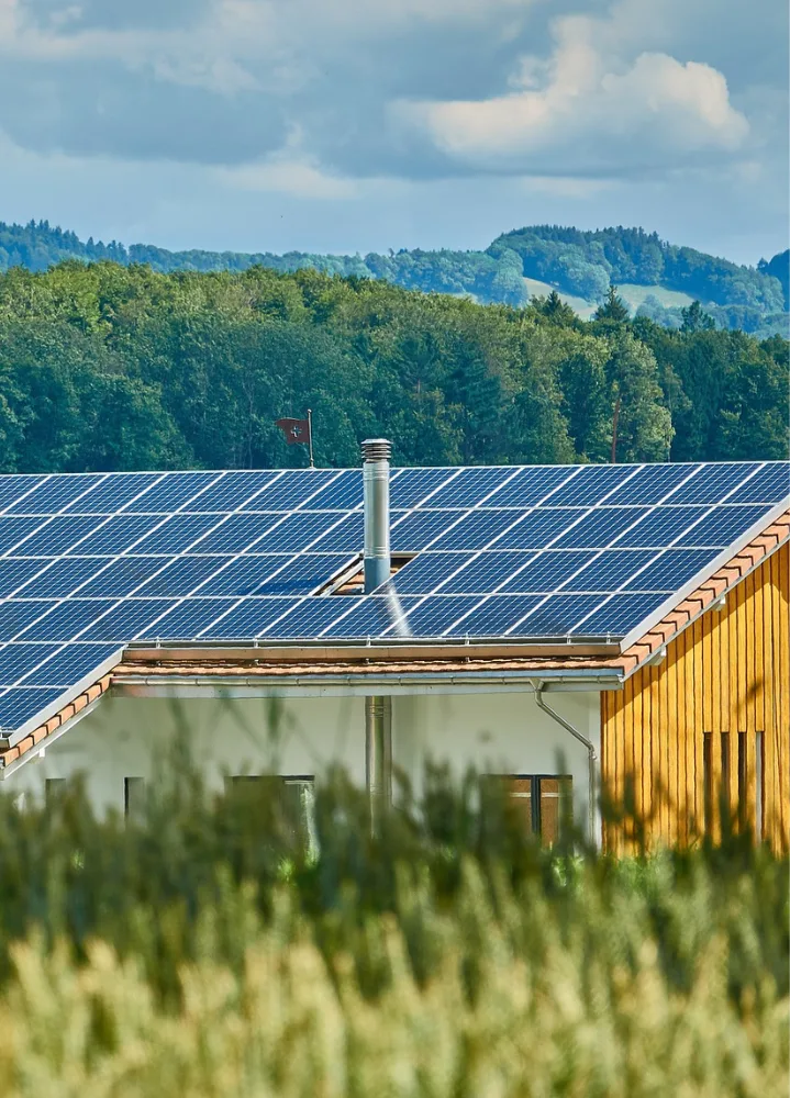 Solar panels on a pitched house roof Solar panels on a pitched house roof