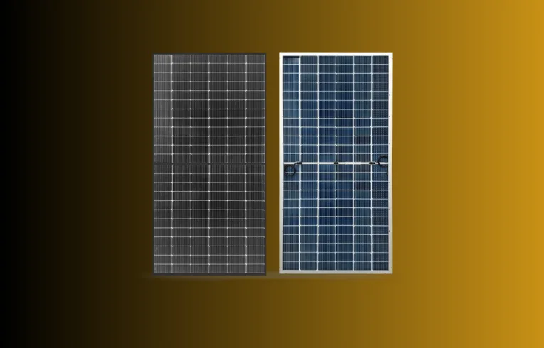 Front and rear views of the Premier Energies bifacial solar panel Front and rear views of the Premier Energies bifacial solar panel
